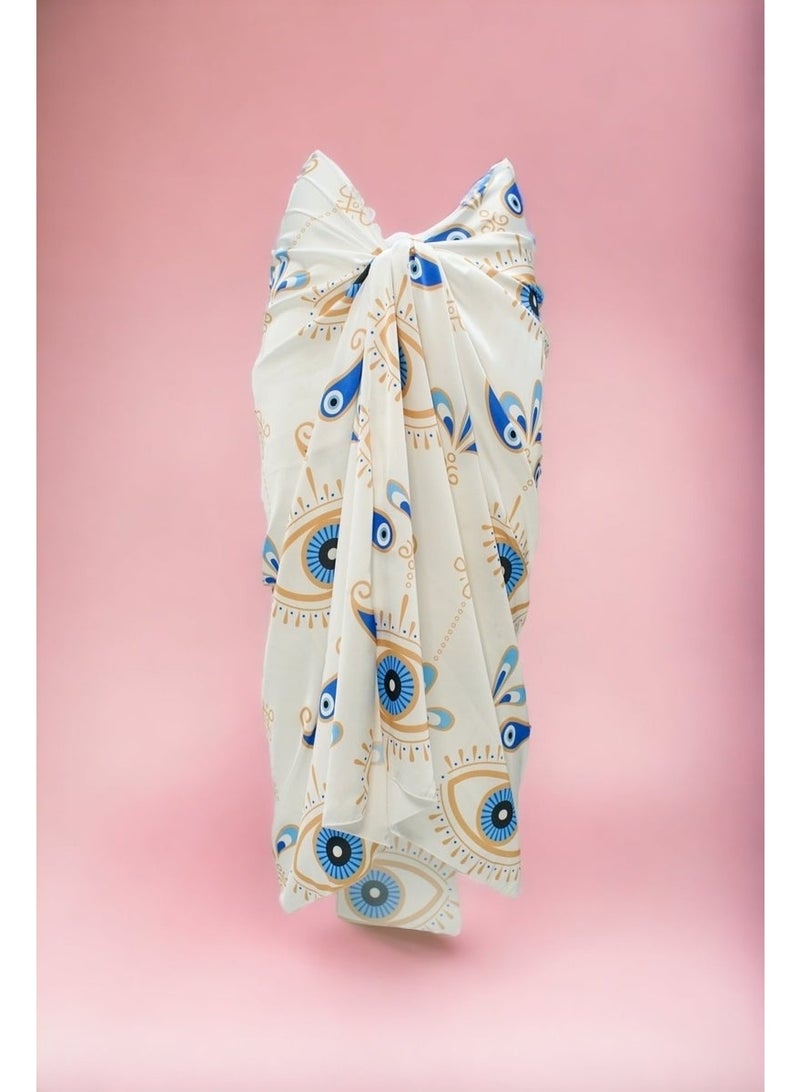 Pistore White Eye Patterned Long Pareo Satin Women's Beach Dress New Season - Image 2